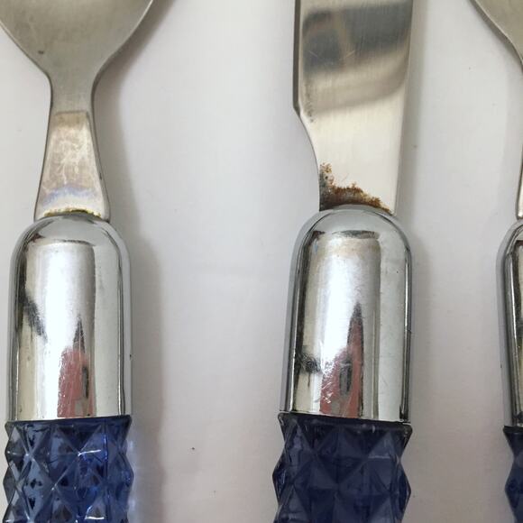 Lot of 10 Lucite Acrylic Plastic Handle Flatware Blue Faceted Diamond - Picture 8 of 11